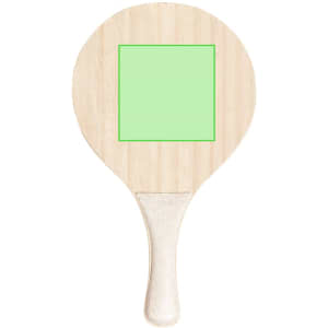 A wooden beach racket with a square green hitting surface and a rounded handle. It features a simple design.