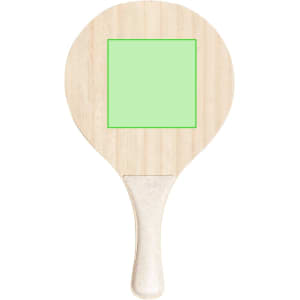 A wooden beach racket featuring a round paddle shape with a smooth finish and a handle.