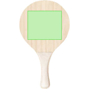 A wooden beach racket with a light wood finish and a green rectangular playing surface. It has a handle for grip.