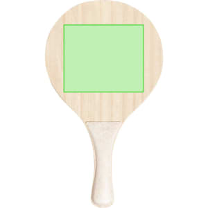A wooden beach racket in a simple design, featuring a blank green square on the face and a white handle.