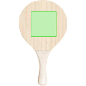 A wooden beach racket with a green square on the face and a light-coloured handle, featuring a branding logo.