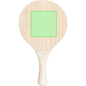 A wooden beach racket with a smooth surface and a green square in the centre, featuring a handle.