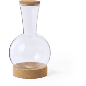 A glass wine decanter with a clear body and a cork base, featuring a simple and elegant design.