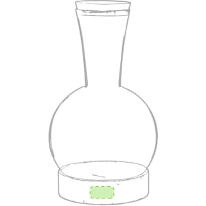 A wine decanter featuring a round base and a tall neck, made of clear glass with a logo on the base.