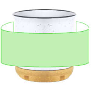 A coffee mug with a white speckled design and a wooden base, featuring a logo.
