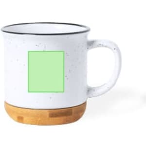 A coffee mug featuring a speckled white body and a wooden base, with a blank green square for customisation.