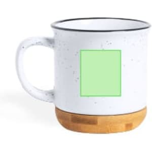 A white speckled mug with a bamboo base and a logo space on the front. Perfect for coffee or tea.