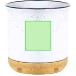 A coffee mug with a white speckled body, a bamboo base, and a blank area for custom design or branding.
