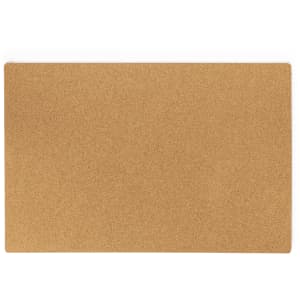 A rectangular cork mat in a tan colour, featuring a smooth surface and a subtle texture. It includes a logo.