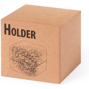 A brown square box featuring a sketch of a product holder, with text on the side.