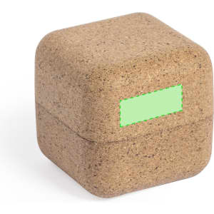 A square, natural brown storage box with a textured surface and a green label area. It features a logo.