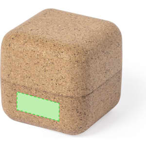 A square, eco-friendly product holder made from natural material with a textured brown surface. It features a logo.
