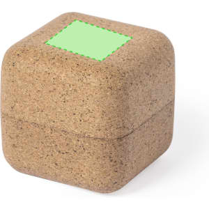 A square, light brown container made from a textured material with a green label on top.