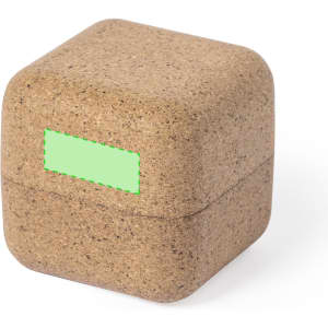 A square, light brown holder made from a textured material with a smooth lid and a blank green label area.