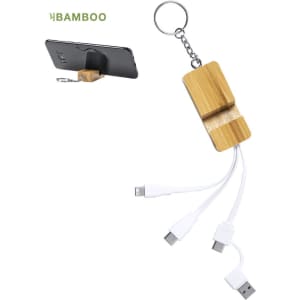 A bamboo multifunction charging cable with a keychain, featuring three connectors in white.