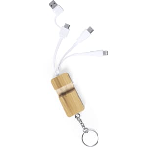 A multifunction charging cable with a bamboo body and white connectors, attached to a keychain.