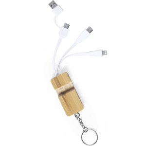 A multifunction charging cable with a wooden keychain, featuring three white connectors for various devices.