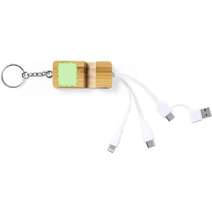 A multifunction charging cable in a bamboo casing with three white connectors, attached to a keychain.