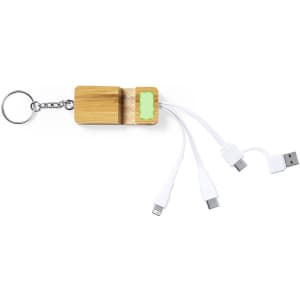 A multifunction charging cable with a bamboo casing and three white connectors, attached to a keychain.