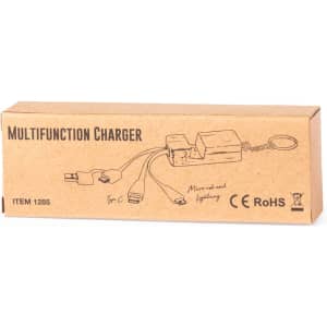 A multifunction charging cable in a brown cardboard box featuring multiple connector types and a keychain attachment.