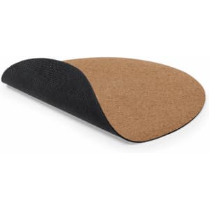 A mousepad featuring a black textured surface and a natural cork underside, shaped in a rounded design.