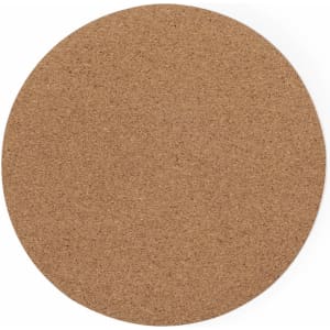 A round, cork mousepad featuring a natural brown colour and a textured surface. It has a logo on its surface.