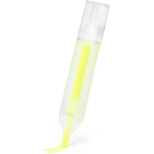 A highlighter featuring a transparent body and bright yellow ink, with a clear cap and branding visible.