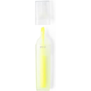 A yellow highlighter with a transparent cap, featuring branding on its body.