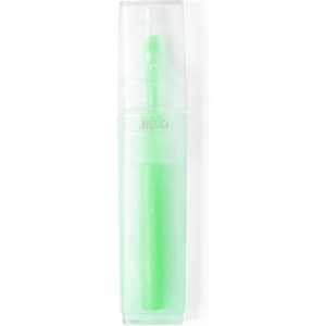 A green highlighter in a transparent casing, featuring a branding logo on the side.
