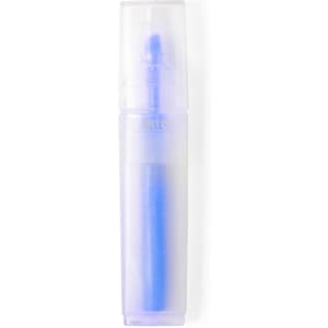 A blue highlighter in a transparent casing with a cap. It has a logo on the body.