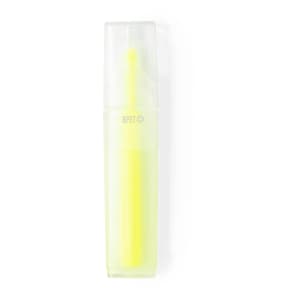 A yellow highlighter in a clear plastic casing with a cap, featuring branding on the side.