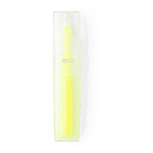 A highlighter in a clear casing, featuring a bright yellow tip and a transparent body. It has a logo on the surface.