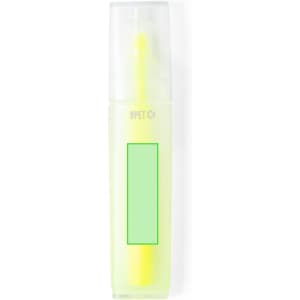 A highlighter in a clear casing with a yellow tip and a light green body, featuring a logo.