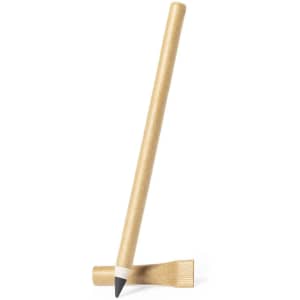 A grey-lead pencil with a kraft paper exterior, standing upright beside its flat end. Features a logo.