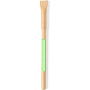 A wooden pencil with a light green section near the centre and a textured end for gripping. It features a logo.