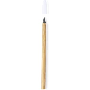 A grey-lead pencil with a wooden body and a white eraser on top. It features a branding logo.