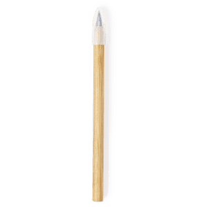 A grey-lead pencil with a light wood finish and a metallic tip, featuring a logo.