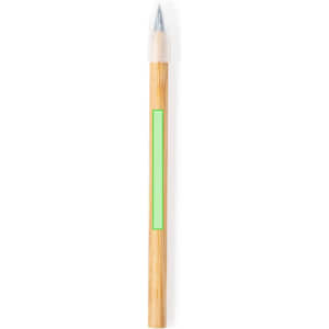 A grey-lead pencil with a wooden body and a transparent cap, featuring a blank green section. It has a simple logo.