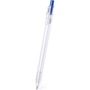 A clear plastic pen with a blue tip and clip, featuring a logo on the barrel.