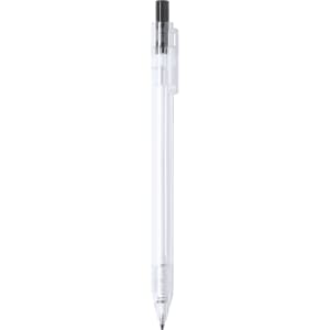 A plastic pen with a clear body and black ink refill, featuring a clip for convenience and a simple design.