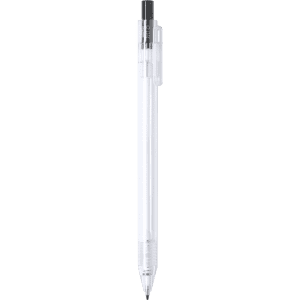 A clear plastic pen with a black ink refill and a clip for easy attachment.