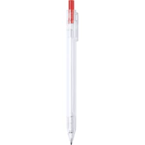 A plastic pen with a clear body and a red cap. It features a clip and a black writing tip.