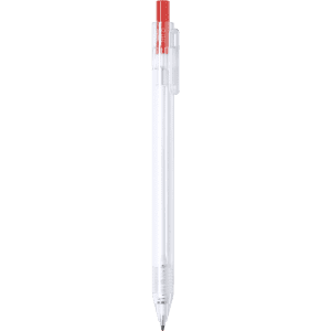 A plastic pen with a clear barrel and red accents. It features a clip and a pointed tip for writing.