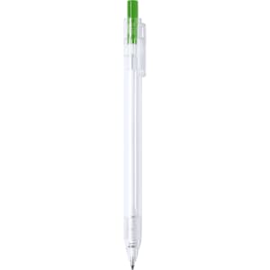 A plastic pen in clear and green, featuring a clip and white barrel, with a visible branding logo.