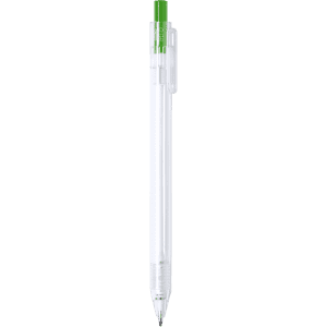 A clear plastic pen with a green ink cartridge and grip section. It features a clip for easy attachment.