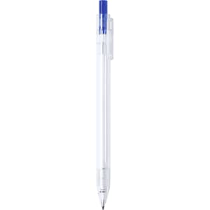 A plastic pen with a clear barrel, blue ink, and a blue top. It features a clip for easy attachment.