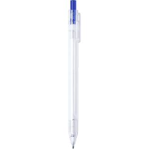 A plastic pen with a clear body and a blue ink cartridge, featuring a clip for easy attachment.