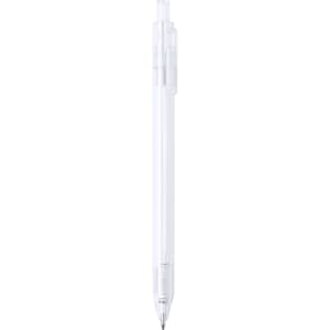 A plastic pen in a clear design, featuring a click mechanism and a silver tip. It has a logo on the barrel.