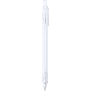 A transparent plastic pen with a click mechanism and a fine tip, showcasing a minimalist design.