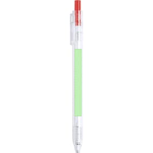 A plastic pen with a transparent design and a red top, featuring a green section for custom branding.
